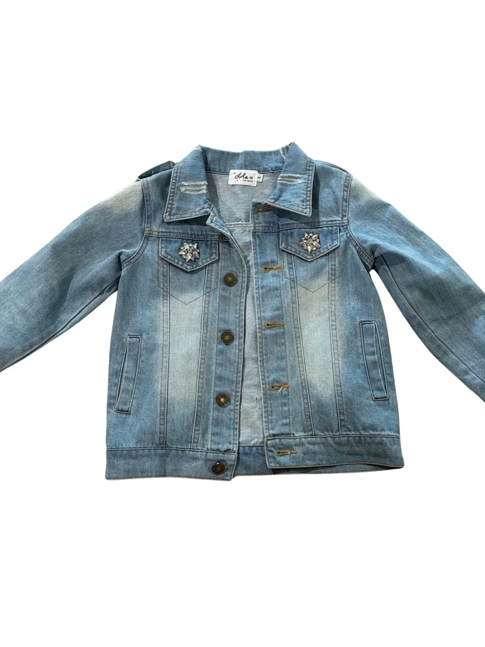 Lola & The Boys : Kids Light Wash Denim Jacket with Colorblock Heart Patch